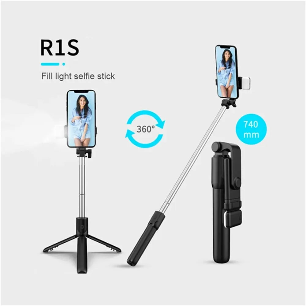 Portable Bluetooth Selfie Stick Tripod Holder with Remote Shutter Fill Light Extendable Wireless Remote Retractable Phone Stand